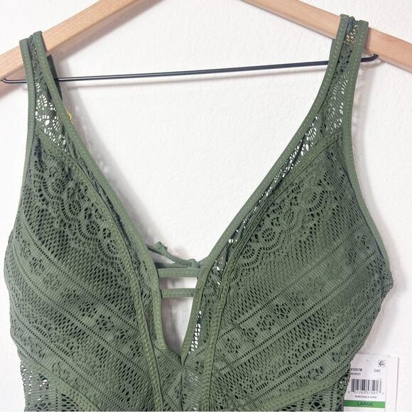 BECCA COLOR PLAY PLUNGE ONE PIECE CROCHET BOHO SWIMSUIT SAGE GREEN LARGE NEW - Picture 6 of 6